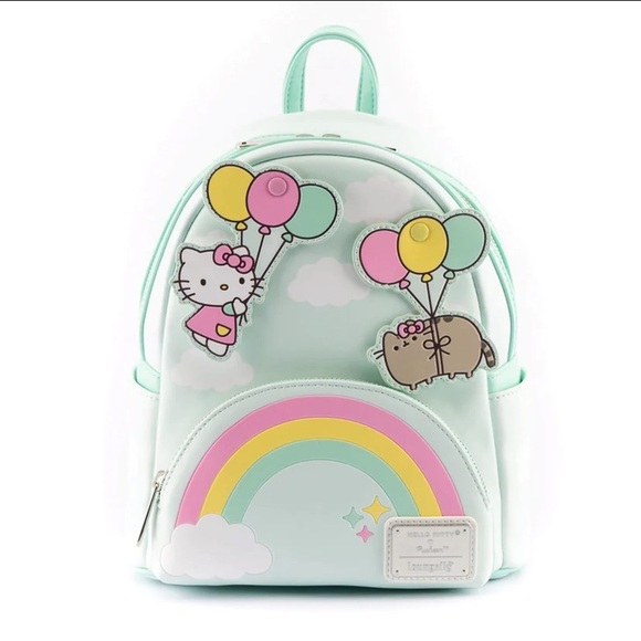 NEW Hello Kitty Pusheen Loungefly Balloon Rainbow Mint Green Backpack Wallet Set - Picture 1 of 15
